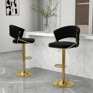 UIXE High Back 360° Swivel Bar Stools Set of 2, Modern Adjustable Counter Height Velvet Bar Chair Golden Metal Stool,Kitchen Island Dining Chairs with Woven Backrest & Footrest for Cafe Pub (Black)