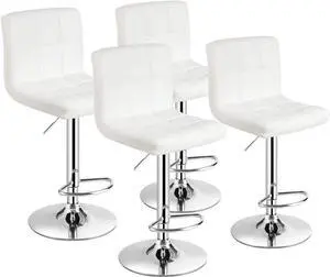 COSTWAY Adjustable Bar Stools Set of 4, Modern Swivel PU Leather Bar Chair with Backrest, Soft Cushioned Seat, Footrest, Sturdy Metal Frame, Comfortable Barstools for Kitchen Island, Pub, White