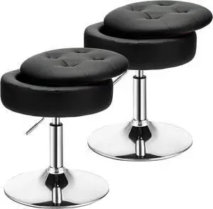 COSTWAY Black Upholstered Swivel Bar Stool Set of 2, Tufted PU Leather, Adjustable 20-26" Height, Removable Tray Top and Storage Space, Modern Round Ottoman for Kitchen Island