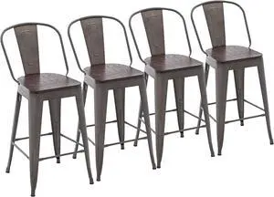 Yongchuang 26" Metal Bar Stools Set of 4 High Back Counter Height Chairs Kitchen Dining Stools Bar Chair with Wood Top Gunmetal