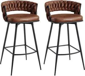 BV Counter Height Bar Stools Set of 2, 26 inch Seat Height Bar Stools, 180° Swivel Barstools with Woven Back and Footrest, Suede Fabric Counter Stools for Kitchen Island, Bar Pub