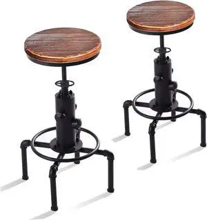 Vintage Industrial Bar Stools,Kitchen Counter Bar Stool Height Adjustable 23.6"-29.5" Swivel Bar Stool, Solid Wood Water Pipe Fire Cafe Pub Bar Stool,Set of 2, Black