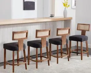 26 Rattan Barstool with Back Counter Height Bar Stool Set of 4, Charcoal Linen Modern Kitchen Counter Stool Upholstered Farmhouse Wicker Bar Stool, Boho Bar Stool Chairs with Natural Wood Frame