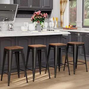 24 inch Bar Stools Set of 4 Counter Height Stools Stackable Bar Stool Backless Metal Barstools Matte Black Counter Stools Indoor for Kitchen & Island&Dining Chairs Set of 4