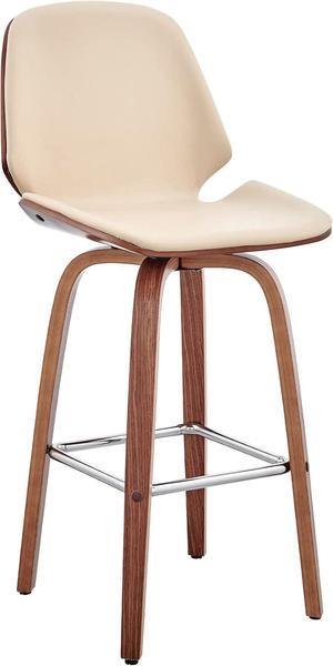 Armen Living Arabela Mid Century Modern Swivel Bar Stool for Kitchen Island Counter in Cream Faux Leather and Walnut Wood, 26" Seat Height