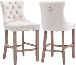 Aoowow Velvet Upholstered Counter Height Bar Stools Set of 2, Counterstool Seat Height 27.2", Wingback Armless Bar Chairs Button Tufted with Solid Wood Legs for Kitchen Island Bar Area(Beige)