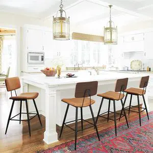 Bentwood Counter Height Bar Stool Set of 4, Whiskey Brown PU Leather Upholstered Barstools with Back, Footrest and Metal Legs, Bar Chairs 24.5 Inch for Kitchen/Dining Room/Bar/Basement
