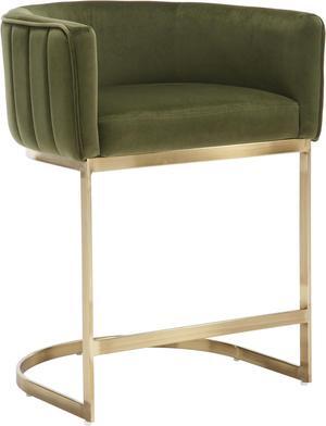24" Counter Height Bar Stools for Kitchen Island Modern Comfy Velvet Upholstered Barrel Stool Chair with Arm and Golden Metal Legs for Breakfast/Dining Room/Reception/Cafe, Dark Green