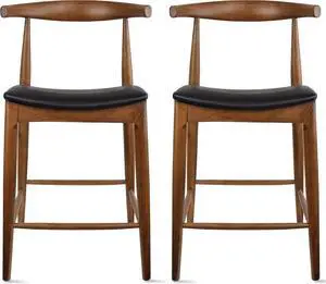 2xhome Solid Wood Farmhouse 25" Counter Stools with PU Leather Cushion Seat, Modern Accent Dining Elbow Chair Barstool (Espresso Set of 2)