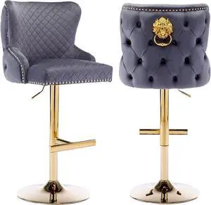 Luxury Velvet Barstools Set of 2, Height Adjustable Swivel Counter Barstools with Lion Head Pull Ring, Modern Button Tufted Back Bar Stools with Gold Base Footrest and Nailhead Trim, Gray