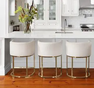 Contemporary Cream Linen Bar Stools Set of 3, 24" Upholstered Fabric Counter Height Barstools Kitchen Counter Island Stools with Screwed Together Golden Metal Base