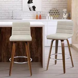 29 Inch Swivel Bar Stool with Back Set of 2, Mid-Century Modern PU Leather Upholstered Counter Height Stool Heavy Duty Bentwood Bar Chairs for Kitchen Island Dining Room Small Space, Griege