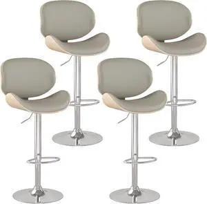 Adjustable Swivel Bar Stools Set of 4, Modern Bentwood Barstool with Large Metal Base and Footrest, PU Leather Upholstered Bar Chair with Curved Back for Kitchen Island Dining Room, Gray