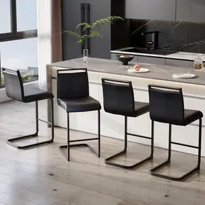 Bar Stools Set of 4,25" Counter Height Bar Stools with Footrest,Black Faux Leather Kitchen Stools with Black Painted Metal Leg,Counter Height Stools Ideal for Island Pub Kitchen Counter