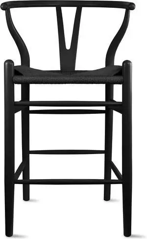 2xhome Farmhouse Style Wishbone Counter Height Bar Stool with Backs Dark Woven Seat Black Wood Fully Assembled, Single, Set of 1