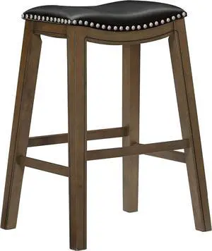 Lexicon Alviso Solid Wood Stools, 31-Inch Bar Height Upholstered Padded Saddle Bar Stools, Faux Leather, Easy Assembly Narrow Solid Wood Frame, Nickel Nailhead, Modern Rustic - Black
