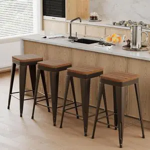 Bar Stools Set of 4 Metal Bar Stool Counter Height Bar Stools Black, Modern 24" Bar Chairs Without Back,Wooden Seat Counter Height,Rusty