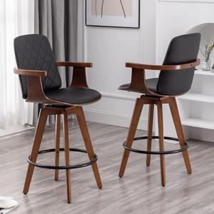 Bar Stools Set of 2, Upholstered Faux Leather Counter Height Bar Stools, Swivel Barstools with Wooden Arms and Legs (Black, 26" Seat Height)