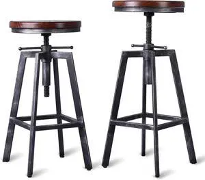 Set of 2 Industrial Bar Stools 25.6-30.5inch Counter Bar Height Adjustable Swivel Wooden Seat Kitchen Dining Chairs
