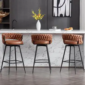 BFZ 30inch Bar Stools Set of 3, Modern Bar Height Bar Stools, 180° Swivel Suede Fabric Stool Chairs with Woven Back and Footrest for Kitchen Island, Cafe, Pub, Bar Counter
