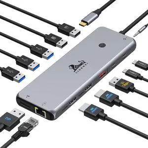 USB C Hub USB C Docking Station Dual Monitor 13 in 1 Triple Display Multiport Adapter with 2 HDMI+DP+8 USB C/A Ports+Ethernet+Audio, USB C Dongle for MacBook//HP/Lenovo ThinkPad/Surface
