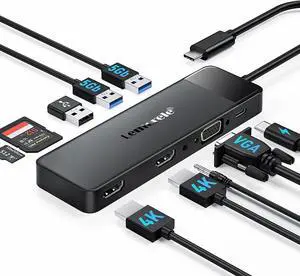 Lemorele USB C Docking Station Dual Monitor 10- in-1 Triple Display USB C Hub Multiple Adapter w/2 HDMI 4K+VGA+3 USB3.0/2.0+TF/SD 2.0+Audio+100W PD, USB C Dongle for Mac/Dell/HP/Lenovo/Surface
