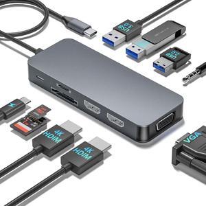 USB C Hub, 10-in-1 Docking Station Dual Monitor with 4K HDMI, VGA, Fast Charging Port, USB 3.0 & 2 USB 2.0 Ports, SD/TF Card Reader, 3.5mm AUX, USB C Dongle for MacBook, Dell, Lenovo, HP Laptops