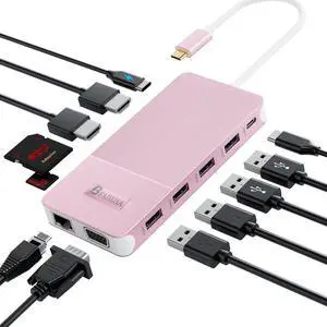 USB C Laptop Docking Station for 3 Monitors Max - 12 in 1 USB C Hub with 2 HDMI +1 VGA +10Gbps USB C, USB*6, 100W PD, Ethernet, SD/TF, Portable and User-Friendly for MacBook/Dell/HP/Surface.etc