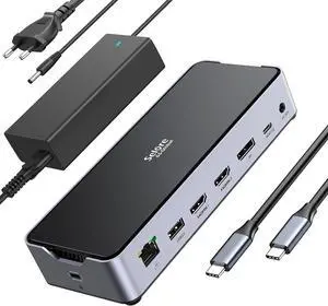 USB C Docking Station 3 Monitors Laptop Dock Dual Monitor with 2 HDMI DisplayPort 4K144Hz,USB A 2.0/3.0,USB C 3.1 10Gbps&30W Output,Ethernet,MicroSD&SD,Audio&Mic,150W DC Power for Dell/Lenovo/HP