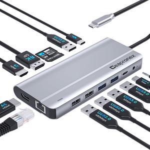 USB C Laptop Docking Station Dual Monitor 14 in 1 Triple Display USB C Hub Multiport Adapter for MacBook/Dell/HP/Lenovo with Dual HDMI 4K, DP 4K, PD Charger, RJ45, 6 USB Ports, SD/TF, Mic/Audio