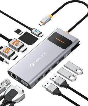 12 in 1 USB C Docking Station - Dual Monitor, Triple Display, NOVOO USB C Hub Multiport Adapter - for MacBook, , HP, , Surface