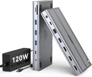 USB C Docking Station 3 Monitor with 120W Power Adapter, Displaylink Docking Station 3 HDMI for MacBook, Windows, and Chrome with USB C(3 HDMI, 5 USB, Ethernet, SD/microSD)
