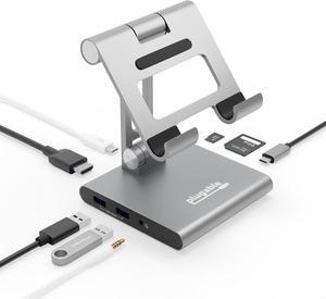 Plugable 8-in-1 USB C Hub for iPad with Stand, 100W Pass-Through Charging, USB C Docking Station for iPad, 1x HDMI, 2X USB, Audio, SD, Driverless, Compatible with Windows, iPadOS, Phones, Tablets