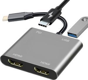 USB C to Dual HDMI Adapter for Monitor, USBC Laptop Docking Station Dual Monitor Dongle MacBook, USB-C Hub Powered Mac, USB 3.0 to USB C Adapter Cable with Fast Charging Chromebook, Type C Dock