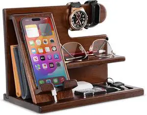 TESLYAR Wood Phone Docking Station for Men - Desktop or Nightstand Organizer - Birthday Gifts for Men, Dad - Anniversary Idea from Wife - Key Holder, Stand Wallet, Watch & Essentials (Nut Brown)