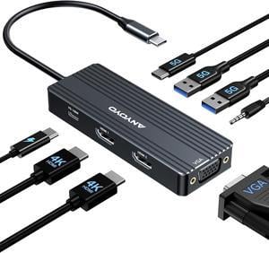 ANYOYO USB C Docking Station, 8 in 1 Docking Station Dual Monitor, Docking Station 3 Monitors with Dual HDMI and VGA, 5Gbps Data Transfers, Laptop Dock for MacBook Air/Pro,Dell XPS,HPBlack