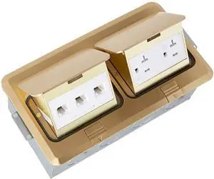 ENERLITES Dual Pop-Up Floor Box Kit, 8.68" X 4.81" Cover, 20A Tamper-Weather Resistant Receptacle Outlets, RJ45 Data Ports, Watertight Gasket, Corrosive Resistant Hardware, 662301-C-D, Brass