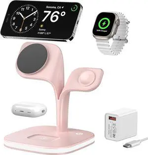 EXW Magnetic Charging Station, 5 in 1 Faster Mag-Safe Wireless Charger Stand for iPhone 16 15 14,13,12 Pro/Max/Mini/Plus, Apple Watch 9/8/7/6/SE/5/4/3/2 and Airpods 3/2/Pro/Pro 2 with LED (Pink)