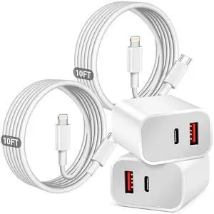 Fast Charger iPhone,Dual Port A/C iPhone Charger Fast Charging Adapter,2Pack Quick Double iPhone Wall Charger Block,Apple Charger Block 10FT USBC to Lightning Cable for iPhone 14/13/12/11/ProMax/XS/XR