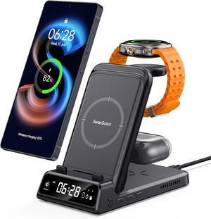 Charging Station for Samsung Galaxy S25 Ultra/Watch 7/Buds 3, SwanScout 703S, Wireless Charger for Galaxy S25+/S25/S24 Ultra/S24+/S24/S23/S22, Galaxy Watch Ultra/6/5/4, Galaxy Buds (No Adapter)