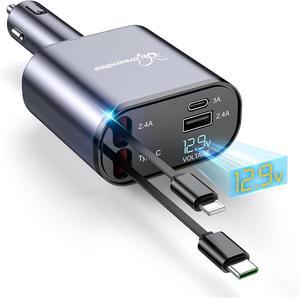 Retractable Car Charger,66W 4 in 1 Super Fast Charge Car Phone Charger,Retractable Cables (31.5 inch) and 2 USB Ports Car Charger Adapter for iPhone 15/14/13/12 Pro Max XR,iPad,Samsung,Pixel
