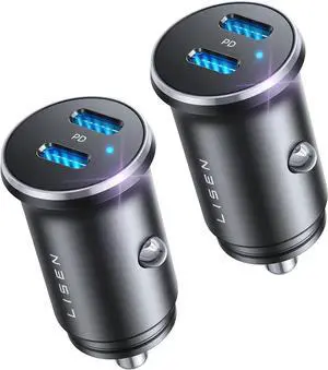 LISEN 2 Pack Car Charger USB C Cigarette Lighter Adapter for iPhone 16 [Mini All Metal] 60W Dual Port USB C Car Charger, 12V USB C Car Charger Cigarette Lighter Adapter for iPhone 16 15 14 13, Android