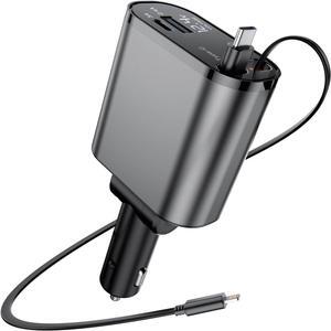 Retractable Car Charger with Dual Retractable Cords, Type-C Cable Fast Charging Up to 100W, 4 in 1 Fast Car Phone Charger with Voltage Display for iPhone 15/14/13/12 Pro Max,iPad,Samsung