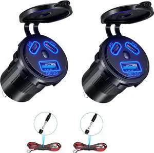 Kewig 2Pack 12V USB Outlet Wired USB Charger Multi Port, Dual PD3.0 & QC 3.0 Multiple USB Port for Car, USB Port Socket with Power Switch, Fast Charger for Tablet, Suitable for Car Boat RV Marine ATV