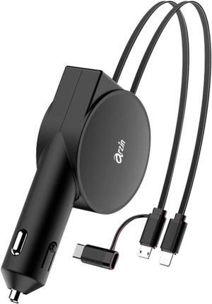 Arzin PU24 Super Fast Car Charger, Cigarette Lighter Charger, Retractable Cord, Type-C, Micro USB, Lightning, PD 40W Super Fast Charging, QC4.0, Suitable for Charging Phones and Tablets