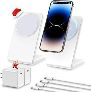 2 Pack Meifigno for MagSafe-Compatible Charger Stand with [20W USB C Charger Block & USB C Cable x2], Fast Wireless Charger Designed for iPhone 16 Pro Max/ 15 14 13 12 Series, AirPods 4/3/Pro, White