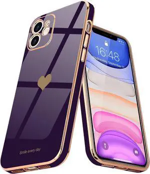 Teageo Compatible with iPhone 11 Case for Women Girl Cute Love Heart Luxury Bling Plating Soft Back Cover Full Camera Protection Bumper Silicone Shockproof Phone Case, Dark Purple