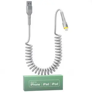 Coiled iPhone Lightning Cable Apple Carplay Cable MFi Certified, Retractable Apple Car Play Cord with Data Sync and LED, Short Coiled iPhone Charger Cable for iPhone/Pad/Pod, White