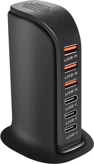 6-Port USB Wall Charger Desktop Charging Station Quick Charge,Compatible with lphone15, 14,13, 12, 11, XS, XR, X, SE, 8, 7, Ipads, Samsung Galaxy, Tablets and Other Electronics(Black)