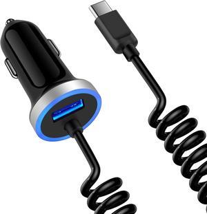 Android C Type USB C S25 Ultra Car Charger Fast Charging for Samsung Galaxy S25+/A16/A23/A35/S24FE/S24 Ultra/S24 Plus/S23FE/S23 Ultra/A25/A15/A54/A14/A53, Car Adapter Plug 3.4A+3FT Coiled USB C Cable